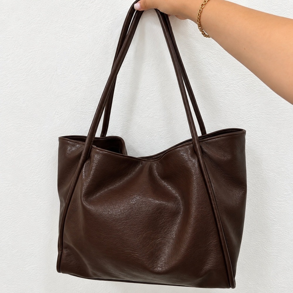Chocolate dark Brown Slouchy Tote Bag faux Leather Shoulder Bag Minimalist